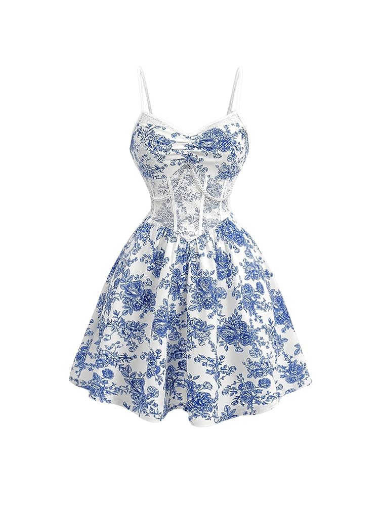 BEAUDRM Women's Floral Print Cami Dress Lace Sleeveless